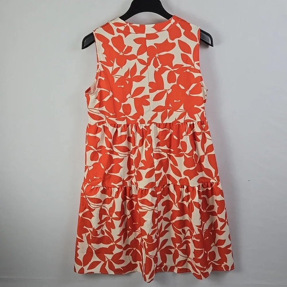 Shein Orange & White Floral Print Sleeveless Notch Neckline Ruffled Dress Sz M